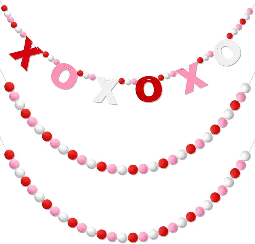 3 Pieces Valentine's Day Garland Felt Ball Garland, 10ft Pompom Garland Valentines Decorations Banner for Mantle Fireplace Room Valentine Hanging Decor(XOXO)