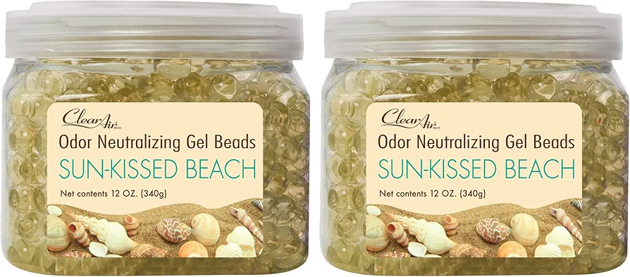 Clear Air Odor Eliminator Gel Beads - 12 oz, Pack of 2 - Air Freshener Made with Essential Oils - Eliminates Odors in Bathrooms, Cars, Boats, RVs & Pet Areas - Sun-Kissed Beach Scent