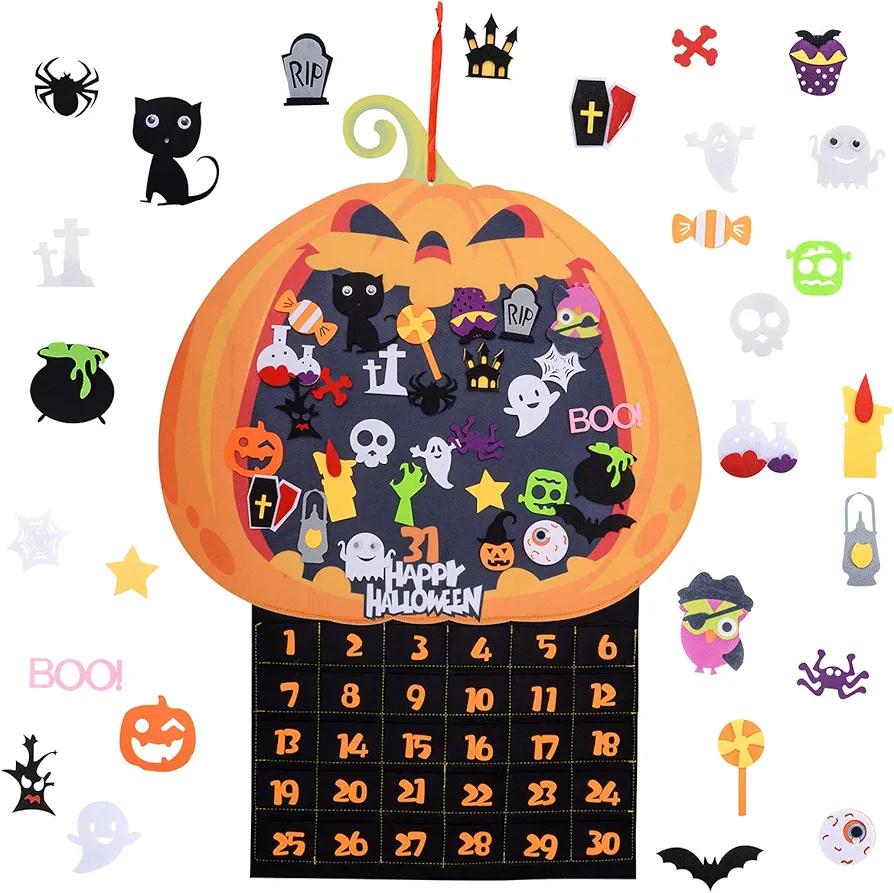 Halloween Advent Calendar (2023 New), 31 Days Happy Halloween Felt Fabric Pumpkin Countdown Calendar with 30pcs Detachable Ornaments & Pockets for Home Classroom Handmade Wall Door Hanging Decor