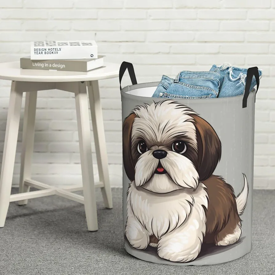 Large Laundry Basket Shih Tzu Dog Laundry Hamper Collapsible Laundry Baskets Freestanding Waterproof Laundry Bag for Bedroom Bathroom Laundry Room, Small, Black, 65HG6FD54H6