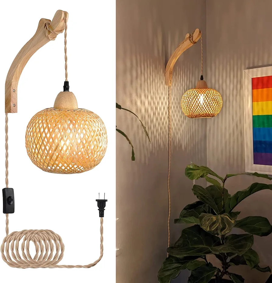 Frideko Bamboo Lantern Plug in Wall Sconces Wicker Wall Lamp with Plug in Cord Hand Woven Rattan Wall Light Farmhouse Rustic Wall Sconces Boho Sconces Wall Lighting for Living Room Bedroom