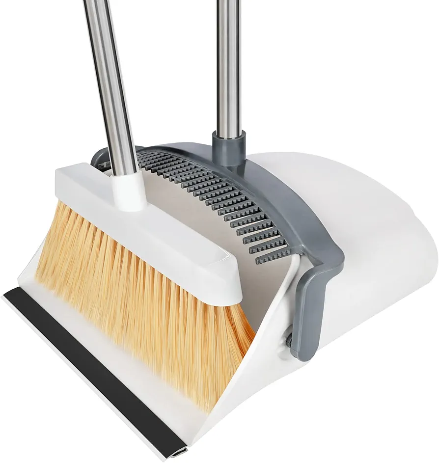 Broom and Dustpan Set for Home/Dustpan and Broom Combo Set,Standing Dustpan Dust Pan with Long Handle 45" for Home Kitchen Room Office Lobby Indoor Outdoor Floor Cleaning,White