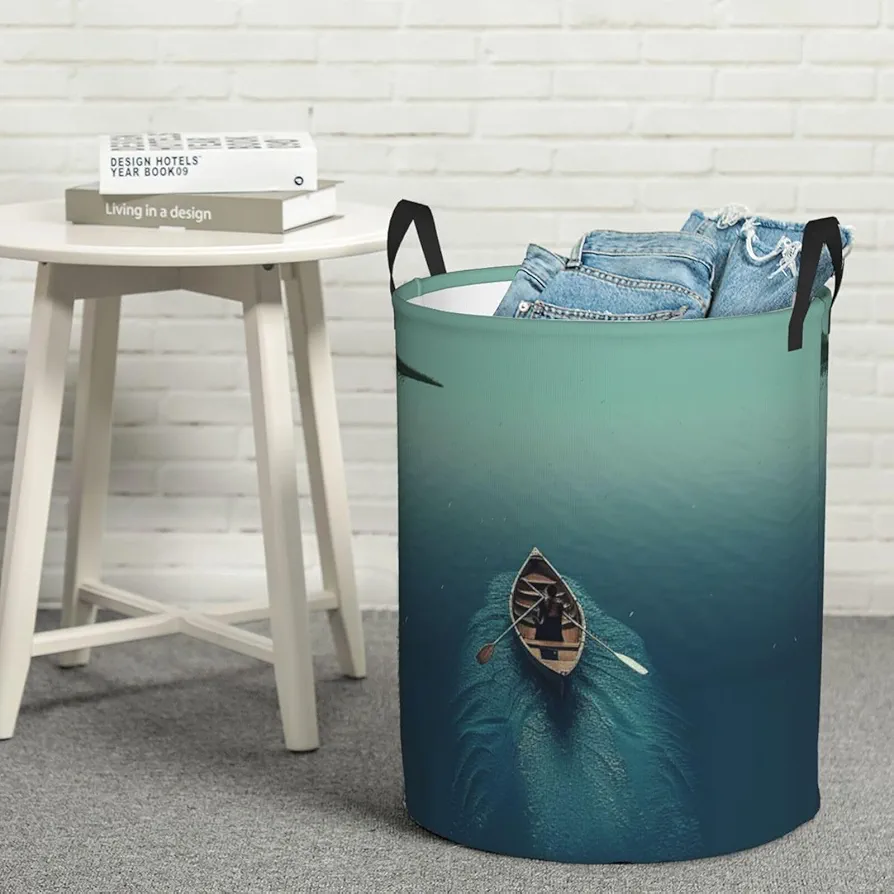 Laundry Basket Waterproof Laundry Hamper With Handles Dirty Clothes Organizer Boat Rowing Lake Print Protable Foldable Storage Bin Bag For Living Room Bedroom Playroom, Small, Black