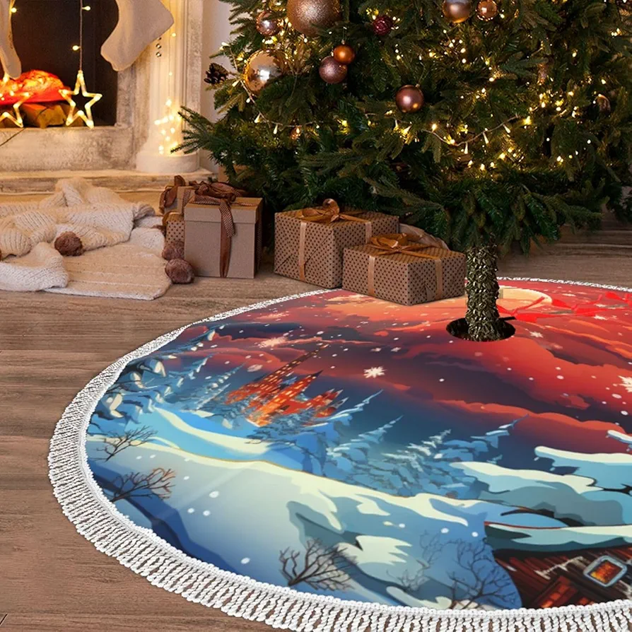 30" Christmas Tree Skirt with Tassel Red Sky Snow Flake Xmas Tree Skirts Tassel Tree Mat Ornament for Home Indoor Outdoor Room Holiday Decoration