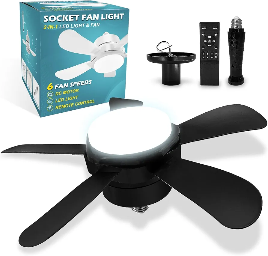 Socket Fan Light, Socket Fan, Socket Fan Light with Remote,Small Ceiling Fans with Lights,Screw in Ceiling Fan in Light Socket for Bedroom, Kitchen, Living Room, Garage (Black, 15.8)