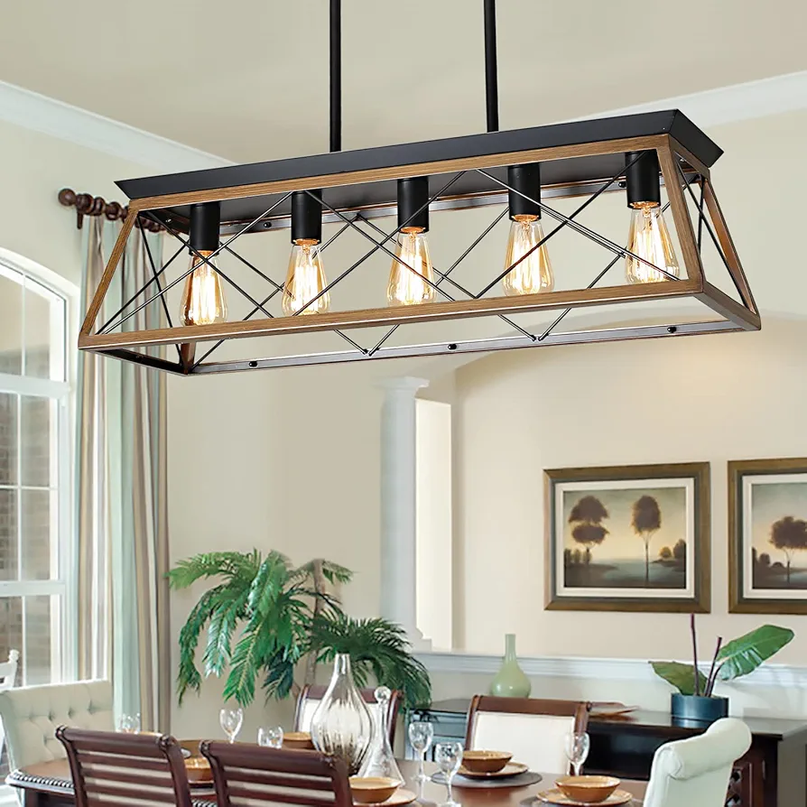 Farmhouse Chandeliers for Dining Room, Rustic Kitchen Island Light Fixture, 5-Light Linear Pendant Lighting Rectangular Chandelier, Metal Solid Ceiling Lights