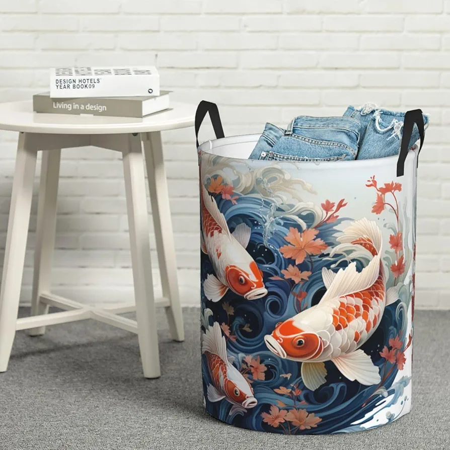 Laundry Basket Waterproof Laundry Hamper With Handles Dirty Clothes Organizer Cartoons Fish Print Protable Foldable Storage Bin Bag For Living Room Bedroom Playroom, Medium, Black