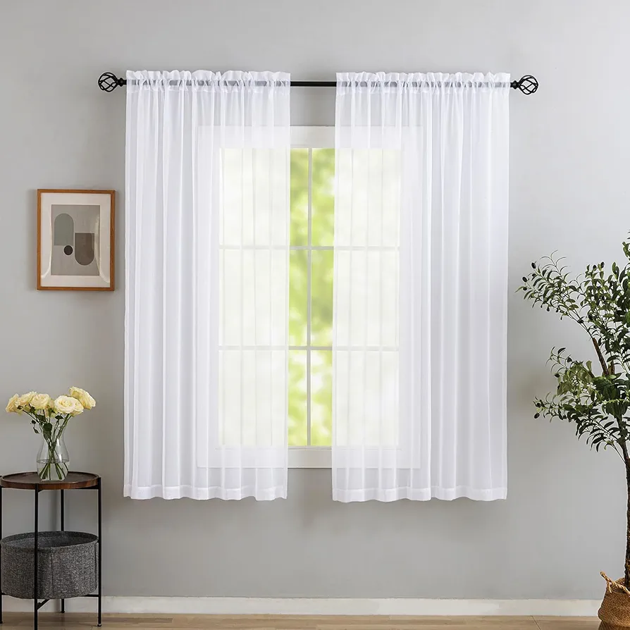 Sheer White Curtains, Sheer Curtains 63 inch Length 2 Panels Set, Rod Pocket Voile Fimly Sheer Drapes for Living Room/Bedroom, Light Filtering Curtain for Small Window 2pcs, Each 52" W x 63" L