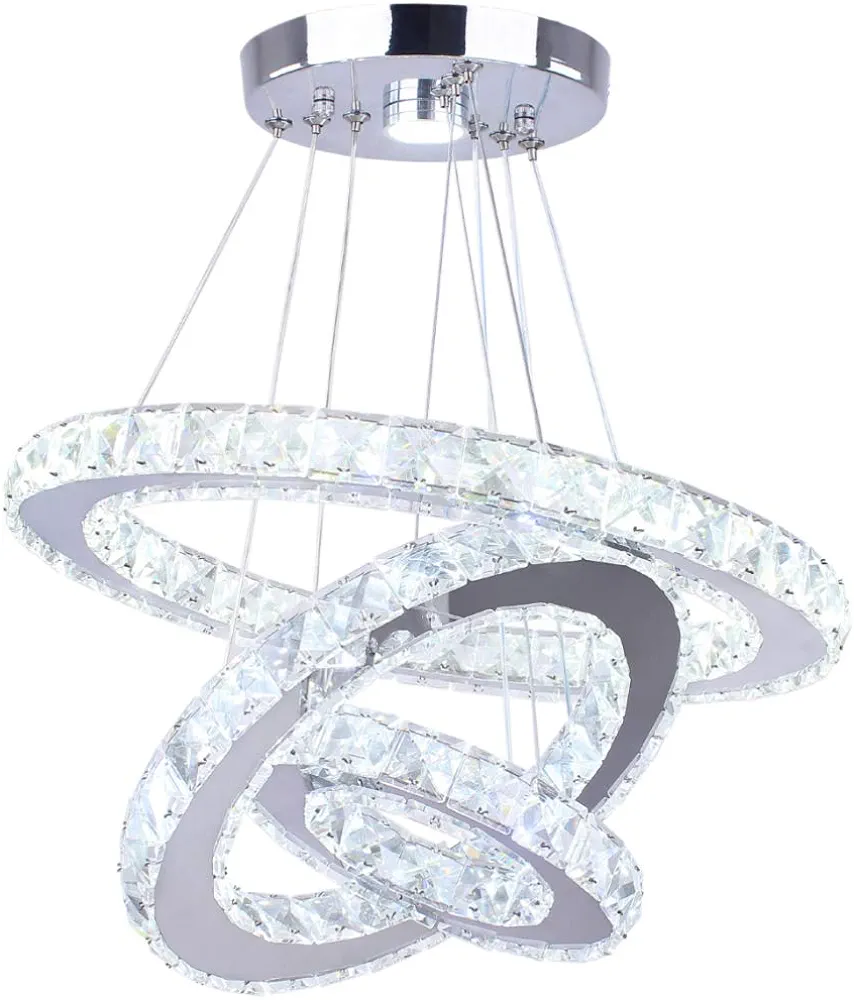 Modern LED Chandeliers Crystal Chandelier 3 Ring Round Pendant Lighting Adjustable Stainless Steel Ceiling Light Fixture for Living Room Dining Room Bedroom