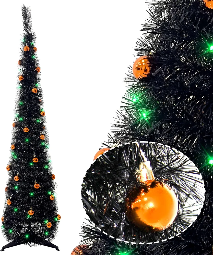 Pop up Christmas Tree for Halloween Decoration 5FT Pre-lit Black Mini Halloween Tree with 60 Lights,Black Artificial Pencil Tree Hung Orange Christmas Balls Collapsible Tinsel Pop up Tree