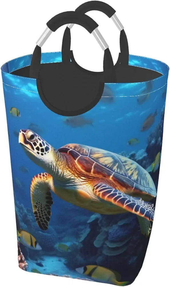 Laundry Basket Collapsible Clothes Hamper for Dirty Clothes, Laundry Bag with Handles Blanket Toys Storage Blanket, Dorm Room Essentials Accessories - Sea Turtle with Fishes