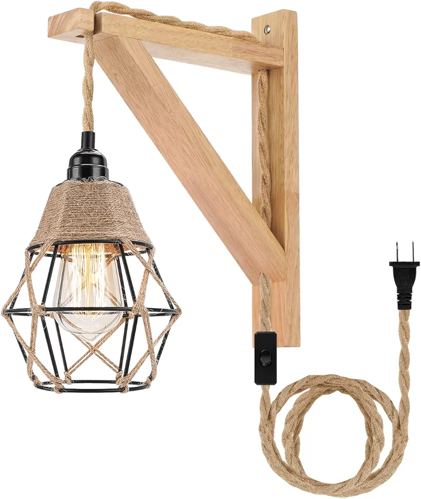 Frideko Wall Lamp with Plug in Cord - Plug in Wall Sconces, Farmhouse Hanging Lamps That Plug into Wall Outlet, Rustic Wall Mount Lamp with Wood Shelf Bracket & Switch Cord for Living Room, Bedroom