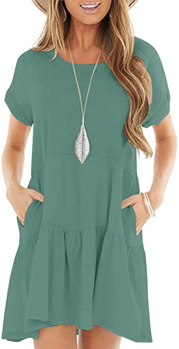 YIBOCK Women's Summer Short Sleeve Crew Neck T Shirt Dress Casual Loose Swing Dress with Pocket