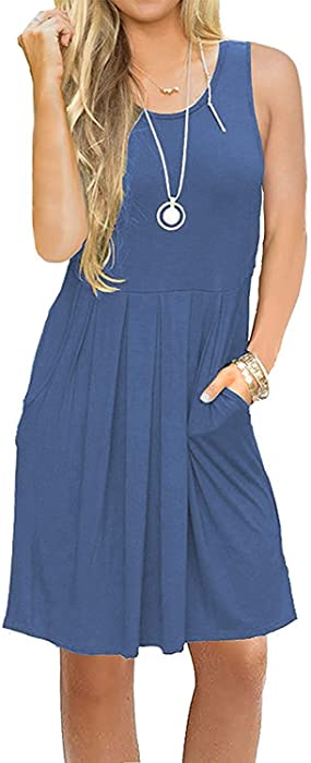 AUSELILY Women's Sleeveless Pleated Tank Empire Waist Casual Dress with Pockets Knee Length