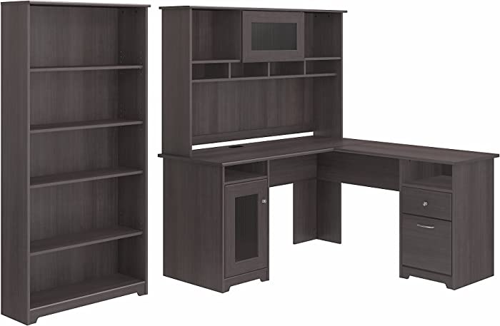 Bush Furniture Cabot L Shaped Desk with Hutch and 5 Shelf Bookcase