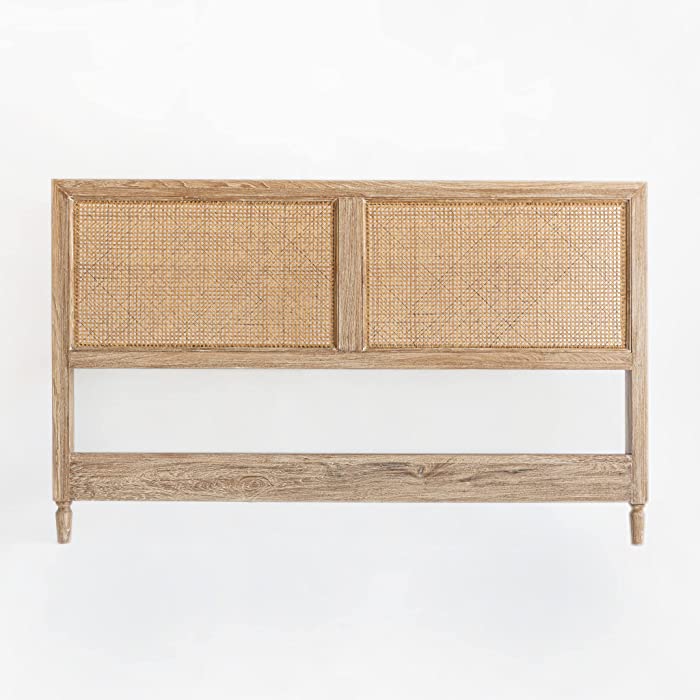 Weaved Rattan Balinese King Headboard, Bed Frame Mounted, Handmade Reclaimed Teak Wood Bedroom Furniture, Light Whitewash Finish, 80 inches