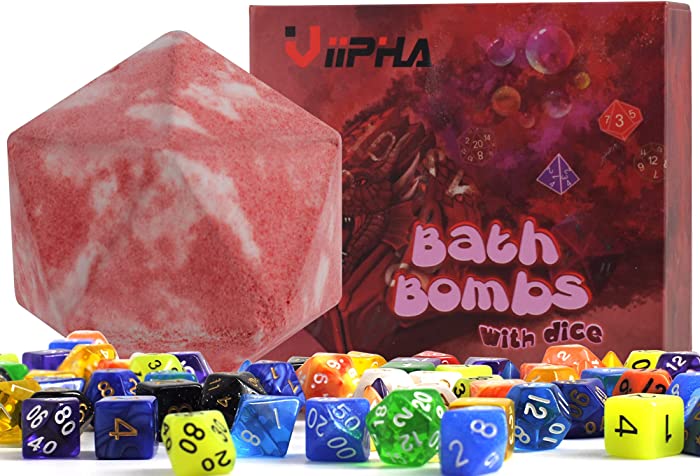 Huge D20 Bath Bombs with Full Surprise Set of Polyhedral Dice Inside, D&D Inspired Dragon Blood Bath Bomb 11oz with Gift Box - Perfect for Dungeon Master, Player and Tabletop RPG Nerd