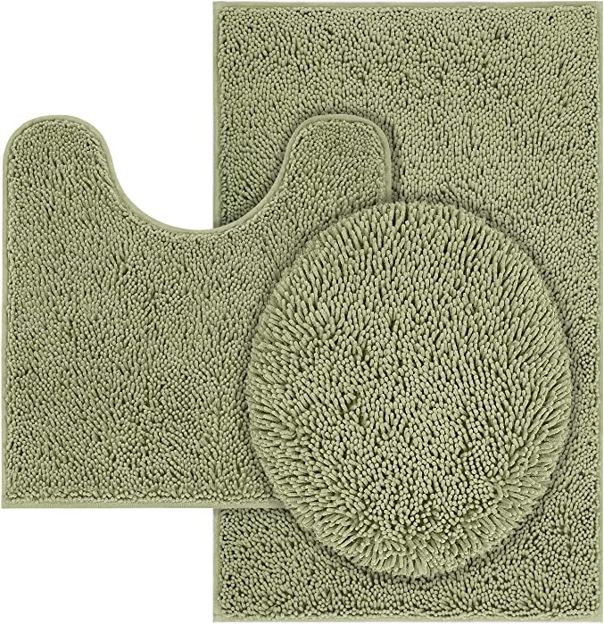 TREETONE Machine Washable Water Absorbent Bath Mat Bathroom Rugs Non Slip Soft Microfiber Mat (Set of 3-Medium 20" x 32"/Contour/Lid Cover, Sage Green)