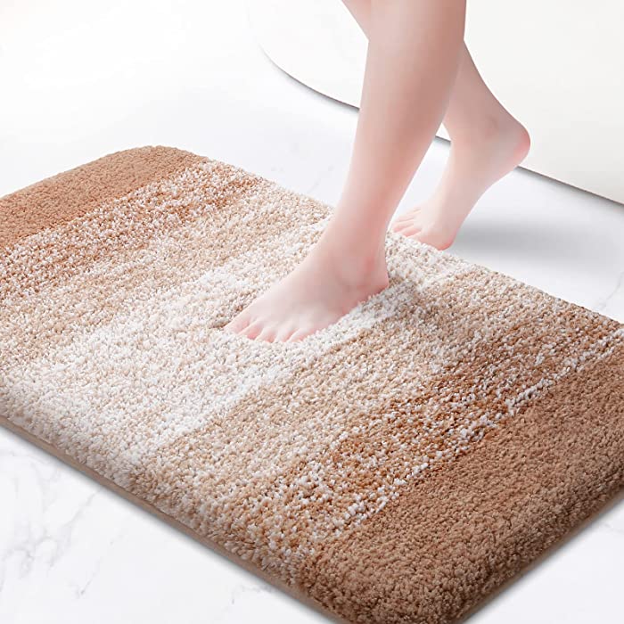 KMAT Bathroom Rugs Bath Mat 20x32 In,Luxury Soft Shaggy Microfiber Shower Rug, Machine Washable Throw Rugs Non Slip Absorbent Plush Floor Mats Runner Carpet for Bath Tub Shower Bathroom,Gradient Khaki