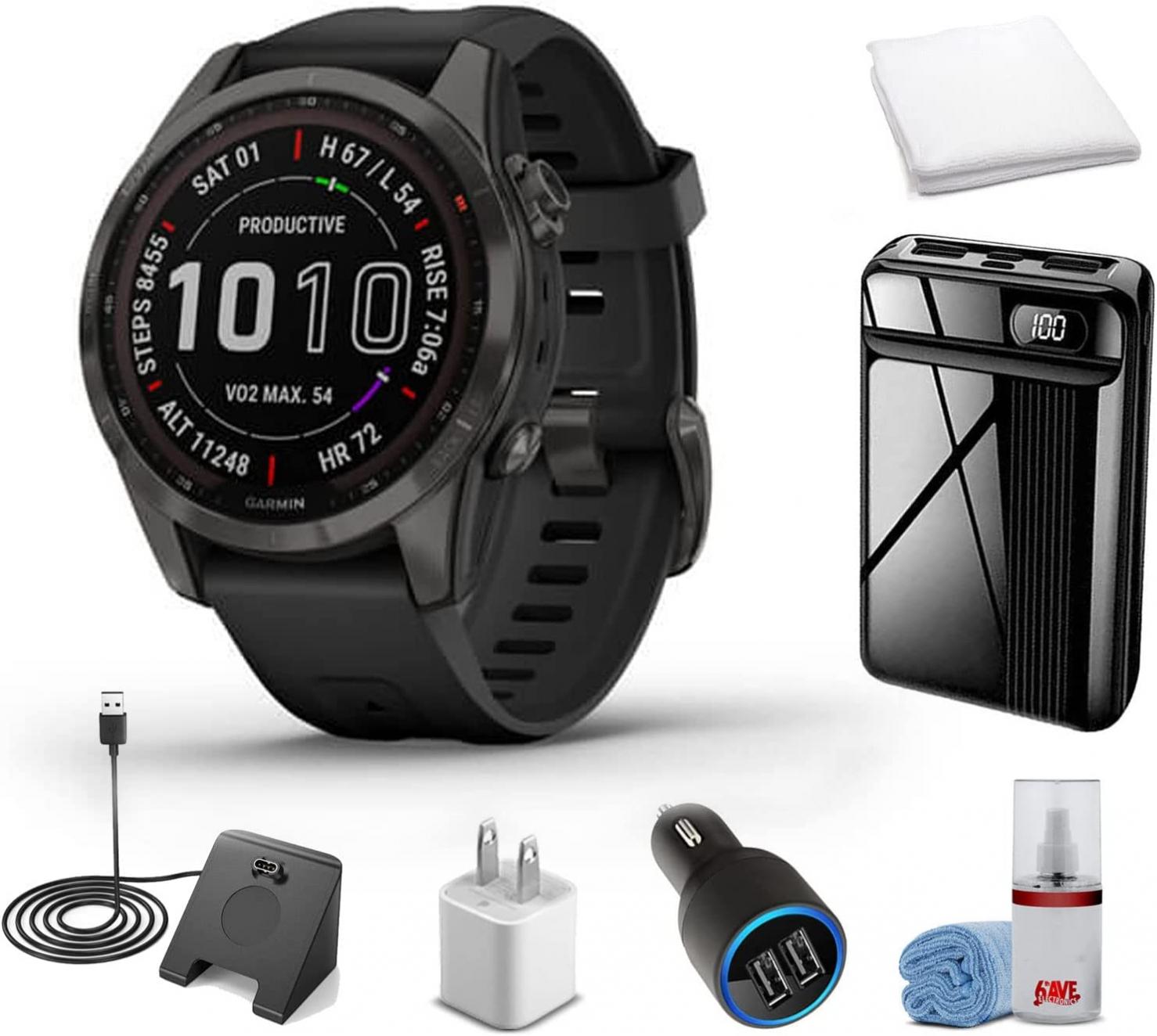 Garmin Fenix 7S Sapphire Solar Edition Smart Watch Carbon Gray Titanium with Black Band + Watch Charging Stand + USB Car/Wall Adapter + More! (010-02539-24)