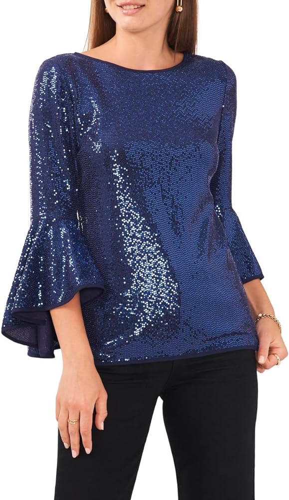 Vince Camuto Women’s Sequin Metallic Knit Flutter Bell Sleeve Top in Arresting Navy Medium