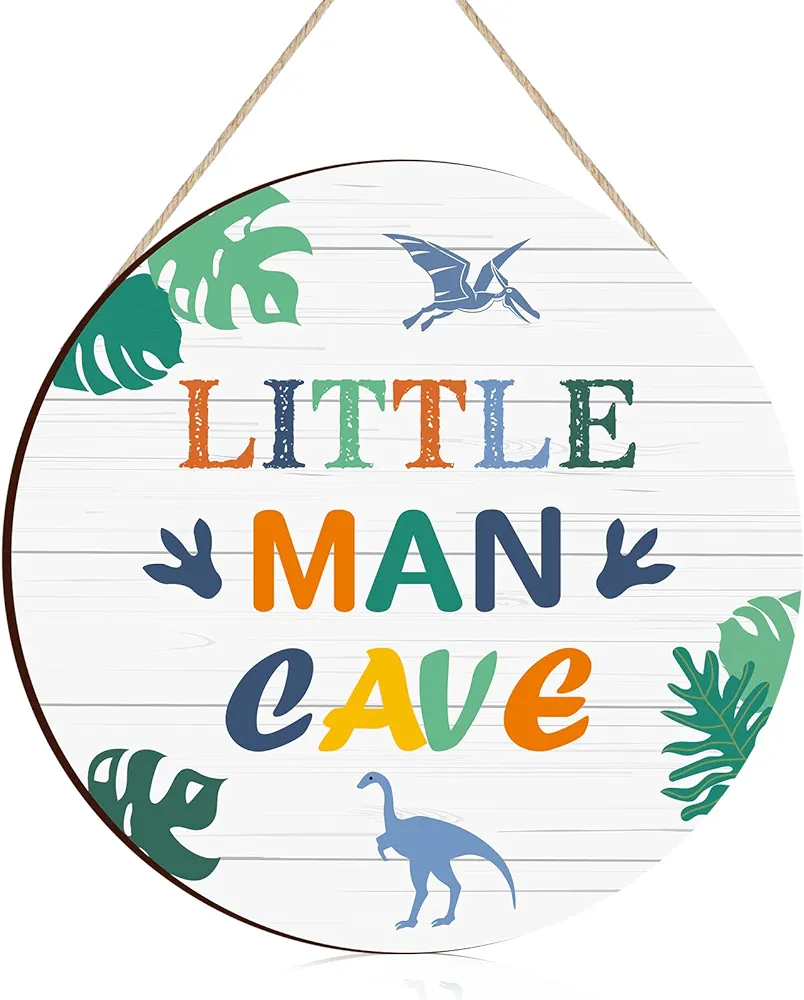 Little Man Cave Wooden Sign Dinosaur Quote Wood Plaque Nursery Hanging Wall Art Decor for Kids Toddler Boys Bedroom Playroom Living Room Decorations