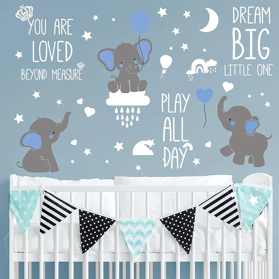 Dream Big Little One Elephant Wall Stickers Baby Room Wall Decals Moon Hot Air Balloon Grey Stars Wall Decals for Nursery Kids Room Living Room Bedroom Decorations Home Decor (Classic Style)