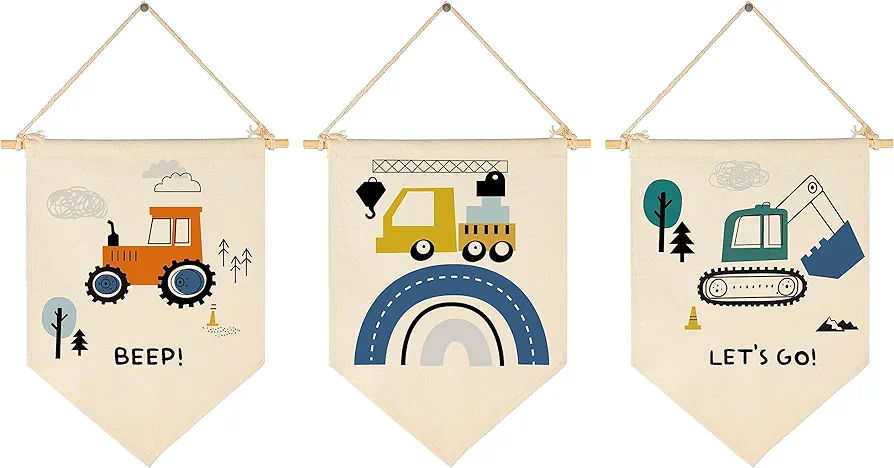 Transport,Construction,Vehicle Construction,Truck Nursery Decor-Flag Decor Gifts for Baby Boys Newborn Kids-Banner Wall Sign Gifts for Nursery Baby Room Playroom Bedroom Front Door-Set of 3