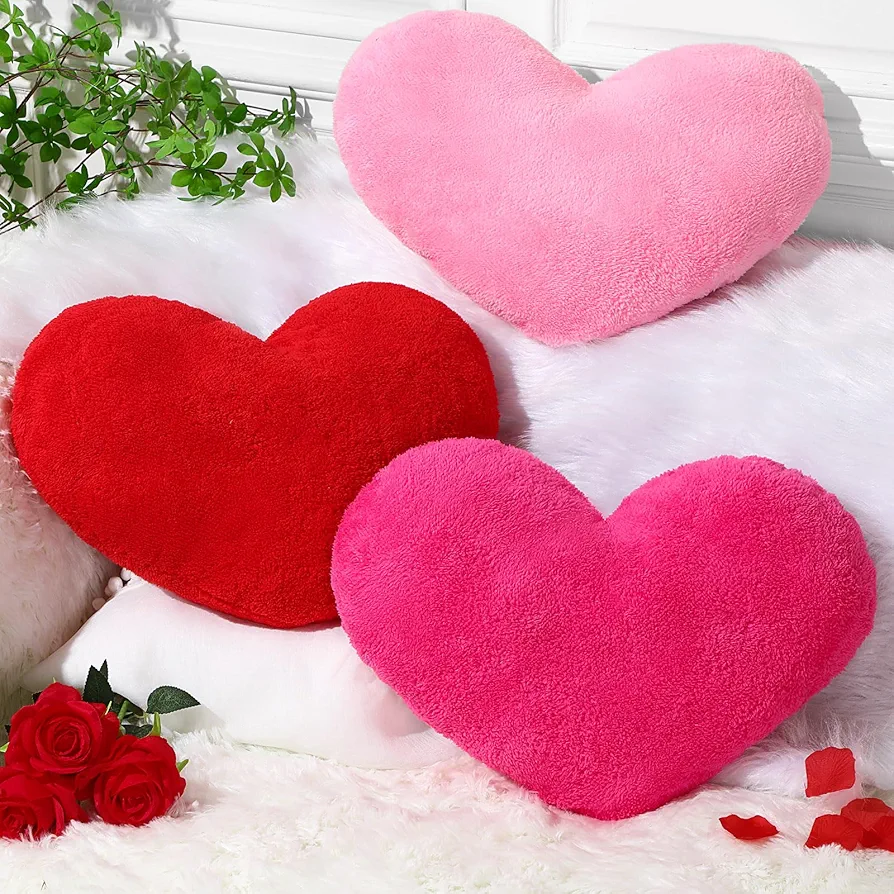 Unittype 3 Pieces Heart Shaped Pillow Plush Cute Fluffy Cushion Heart Throw Pillow Decorative Back Cushions for Gift Living Dining Room Bed Sofa, 15.75 Inch(Rose Red, Pink, Red)