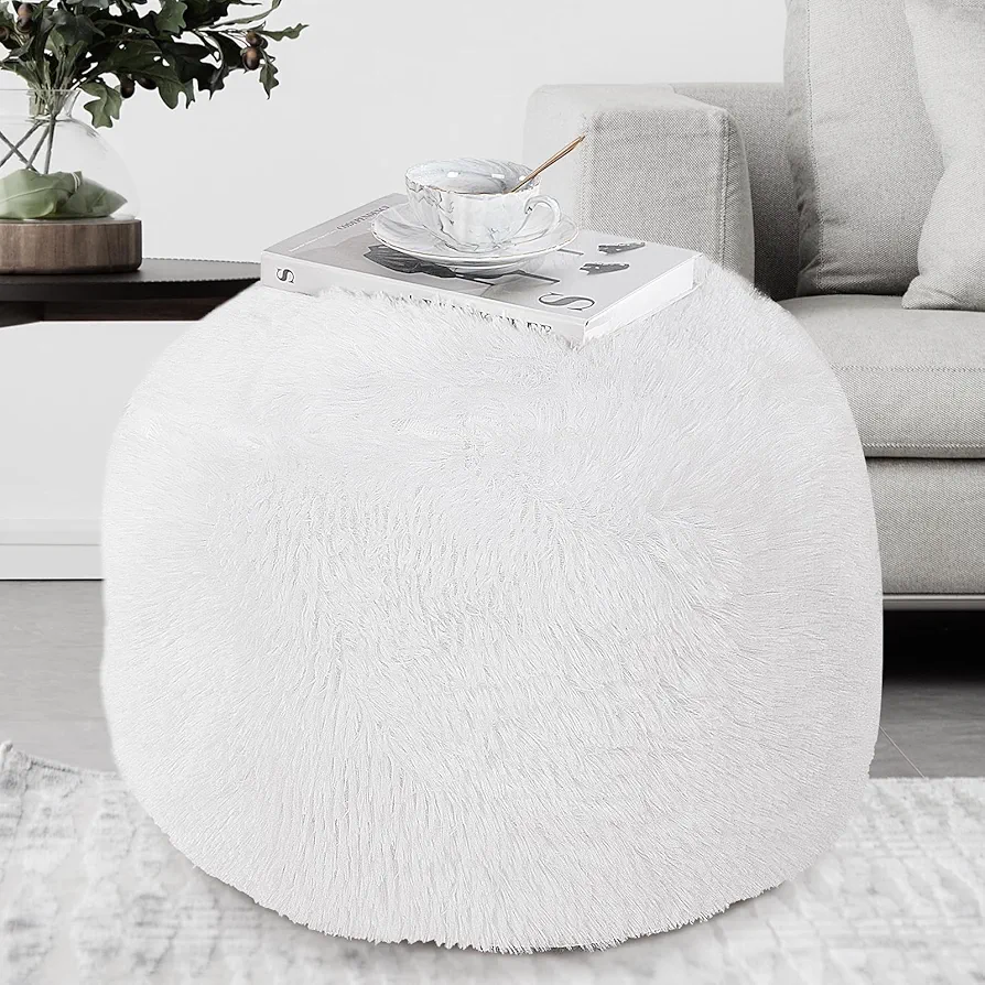 Round Stuffed Pouf Ottoman, Long Plush Faux Fur Pouf with Supportive Filling, Fluffy & Furry Couch Foot Stool Storage Ottoman for Living Room, Bedroom and Kids Room, Floor Pouf Foot Rest