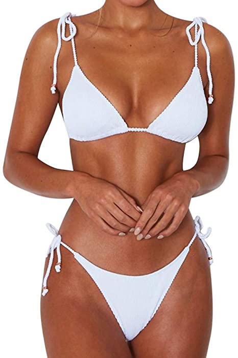 MOOSLOVER Women's Ribbed Tie Bikini Brazilian Cheeky Bottom String Swimsuit