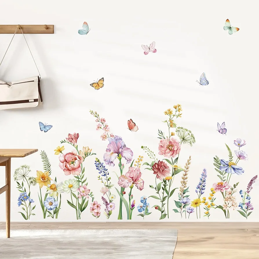 decalmile Spring Garden Flower Wall Stickers Wildflower Iris Butterflies Wall Decals Living Room Girls Bedroom Baby Nursery Wall Decor