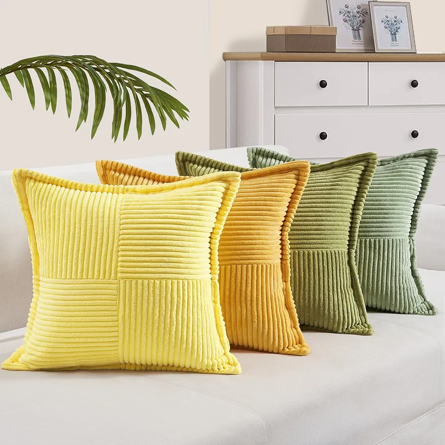 Topfinel Yellow Green Throw Pillows Covers Living Room Decor-18x18 Inch Set of 4-Corduroy Euro Cushion Case Shams-Bedroom Couch Sofa Home Decorative No Insert