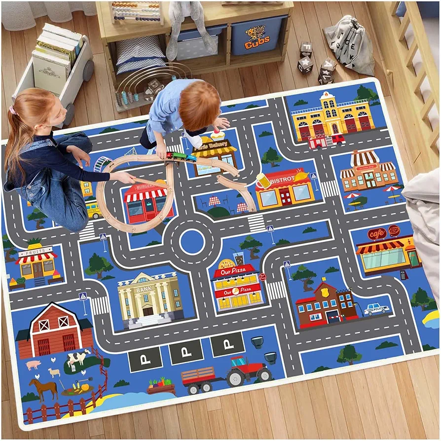 Kids Rug Playroom Rug Suitable for Toy Cars and Trains, Non-Slip Washable Road Traffic Area Rug for Bedroom Playroom Play Safe Area(Blue-Rug,2.6x3.9ft)