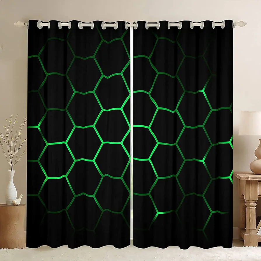 Hexagonal Window Curtains for Bedroom Living Room 3D Geometric Honeycomb Curtains Kids Boys Girls Luxury Beehive Hexagon Window Drapes Neon Green Black Decor Window Treatments 42W X 63L,2 Panels