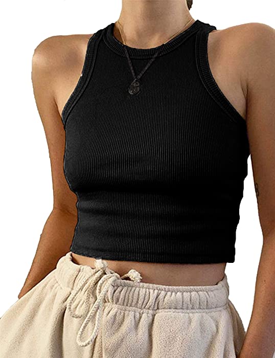 KAMISSY Women Basic Crew Neck Crop Tank Top Solid Rib-Knit Binding Crop Top