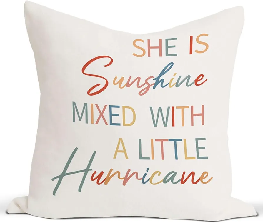 Kids Throw Pillow Covers 18x18,She is Sunshine Mixed with a Little Hurricane,Girls Room Decor Pillowcase for Girls Kids Room Bedroom Nursery