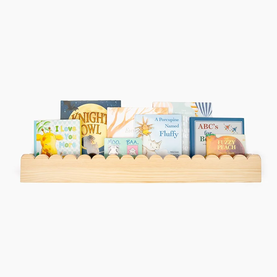 Scalloped Shelf 34-Inch Preassembled Kids Bookshelf - Book Shelf for Kids Rooms - Nursery Bookshelf Decor - Montessori Bookshelf - Natural Wood Floating Shelves Baby Bookshelf