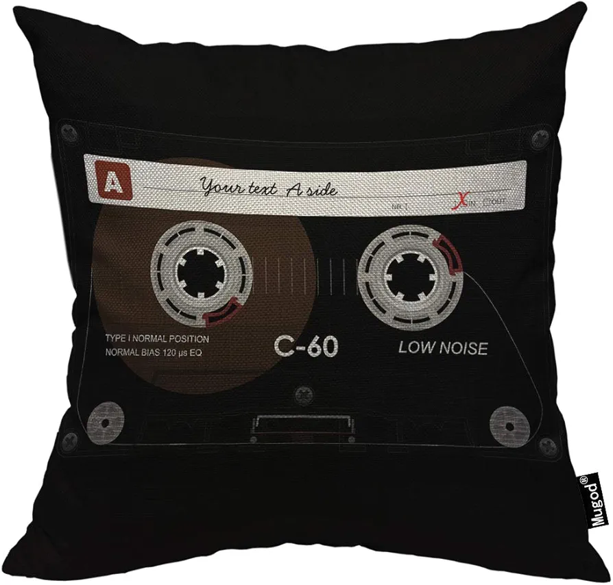 Retro Audio Cassette Throw Pillow Music Record Player Low Noise 80s Plastic Tape Cotton Linen Square Cushion Cover Standard Pillowcase 18x18 Inch for Home Decorative Bedroom/Living Room/Car