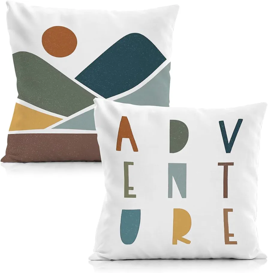 Neutral Nursery Mountain Adventure Throw Pillow Cover 18x18 Inch Set of 2,Adventure Theme Kids Decorative Pillowcase,Adventure Cushion Pillow Cover for Kids Room Nursery Decor