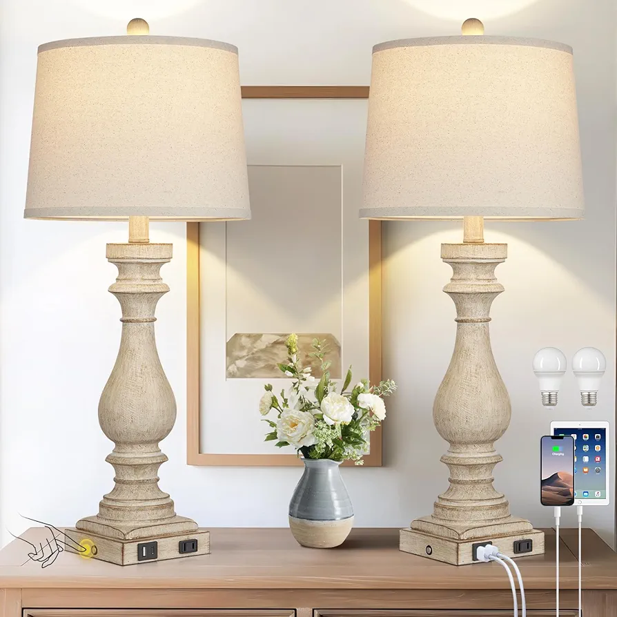 27.5" Farmhouse Table Lamp for living room set of 2,Vintage Bedside Lamps with USB C+A Ports & AC Outlet,3-Way Dimmable Touch Control White Washed Finish Nightstand Lamp for Bedroom,Beige