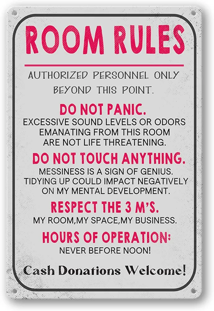 Room Rules Sign For Teen Girls Boy Bedroom/Gaming Room Door Decor Dorm Wall Accessories Cool Things, Funny Metal Tin Signs 12 X 8 In