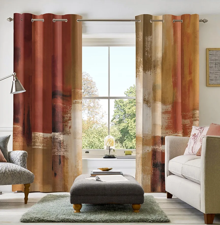 Burnt Orange Curtains 2 Panels Abstract Rust Curtain Room Darkening Grommet Window Treatments Modern Decorative for Bedroom Living Room, 52x63 Inches