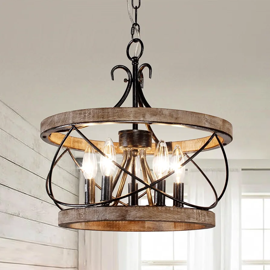 Farmhouse Chandelier, 15.7" Rustic Drum Chandelier Light Fixture over Table, 5-Light Candle Wood Chandelier for Dining Room, Kitchen