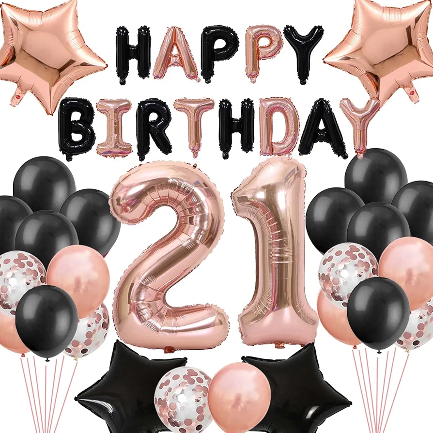 21st Birthday Decorations For Her, Black Rose Gold 21st Happy Birthday Birthday Banner Jumbo Number 21 Star Foil Balloons Latex Confetti Balloon for Girl Her 21 Years Old Birthday Party(21st)