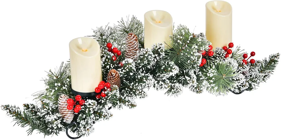 28" Christmas Table Centerpieces with 3 Flameless LED Candles, Christmas Candle Holders, Holiday Candelabrum for Home Party Table Mantel Decorations