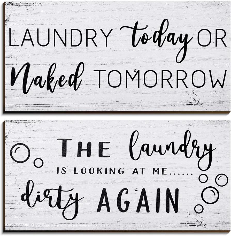 2 Pieces Laundry Room Decor Sign Rustic Farmhouse Laundry Signs Wall Decorations Funny Laundry Room Signs Laundry Room Decoration for Home Laundry Room Bathroom Wall Decor, 12 x 6 Inch (White)