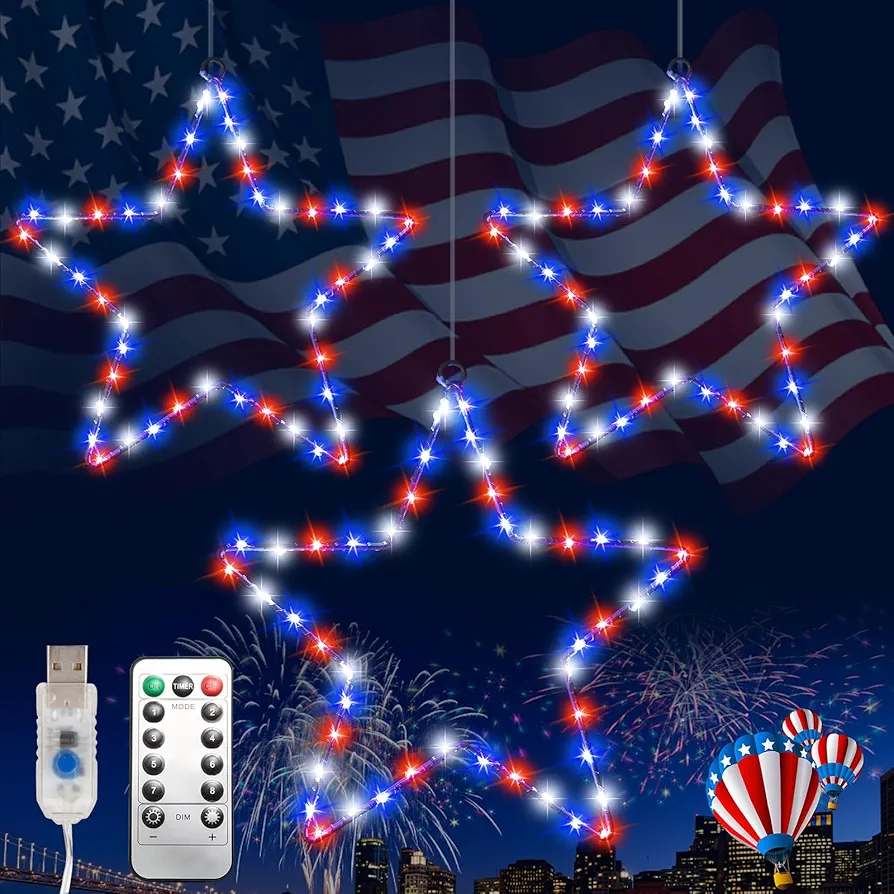 FUNIAO (New) 4th of July Decoration, 50 LED Red White Blue Iron Star Lights, with USB Remote Control Timer Patriotic Haing Ornaments for Memorial Day, Independence Day, Election Day, Flag Day - 3 Pcs