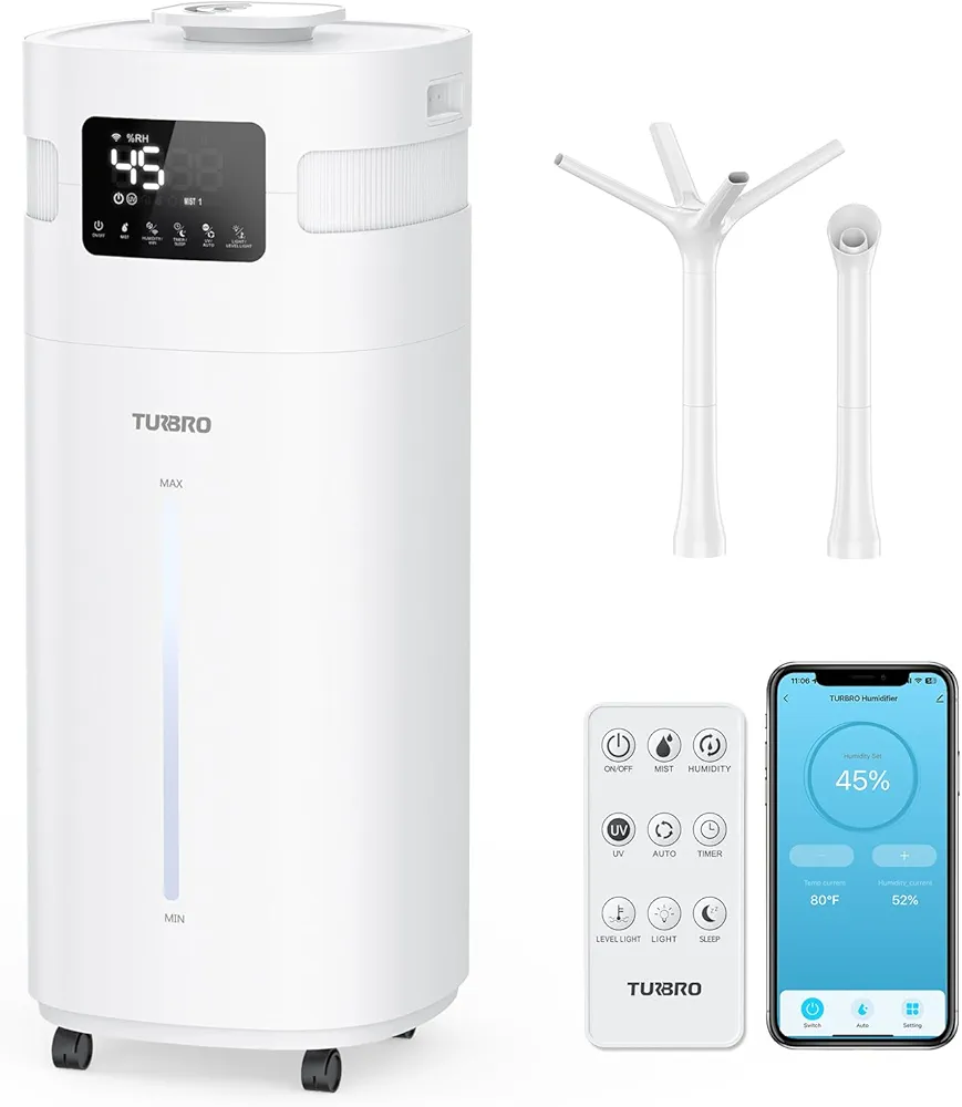 TURBRO Commercial Humidifier, WiFi-Enabled, 5.3Gal/20L Ultrasonic Air Vaporizer for Large Rooms up to 2000 Sq Ft, UV-C LED, Top Refill, with 360°Nozzle for Whole House, Greenhouse, Plant