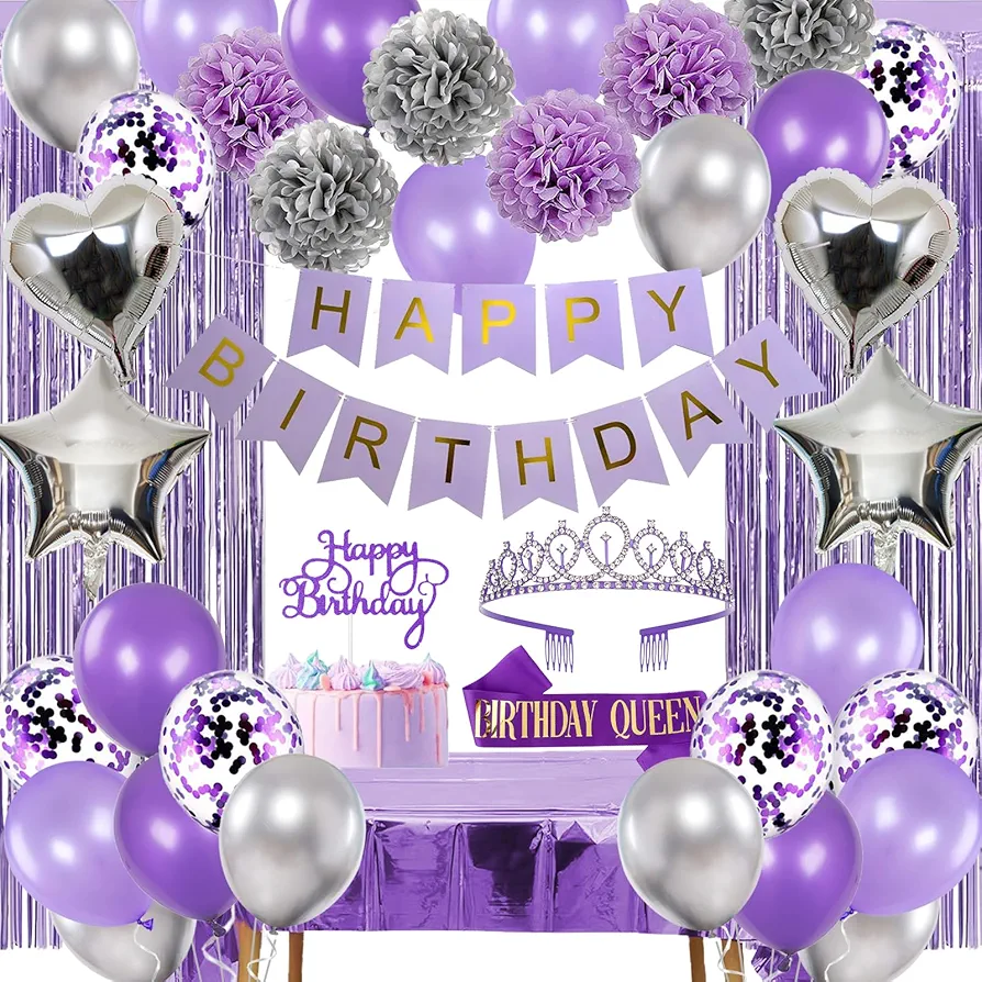 Purple and Silver Birthday Decorations for Women Girls Lavender Party Decor Set with Happy Birthday Banner and Balloons, Sash and Crown, Curtains, Cake Topper Table Cloth